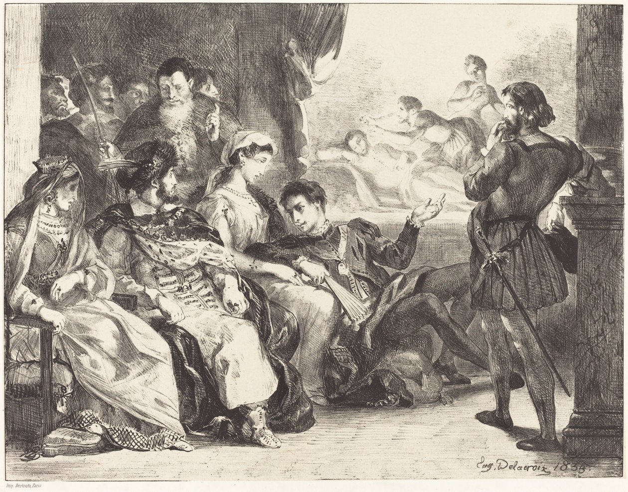 Spelers die de vergiftiging van Hamlets vader opvoeren (Act III, Scène II) door Eugène Delacroix