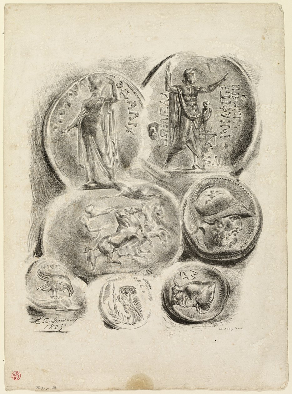 Blad met zeven antieke medailles door Eugène Delacroix