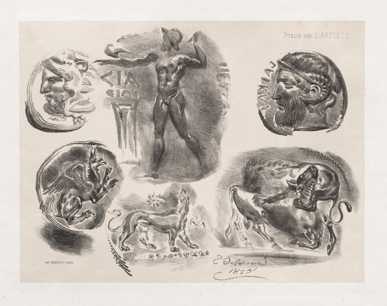 Blad met Zes Antieke Munten door Eugène Delacroix