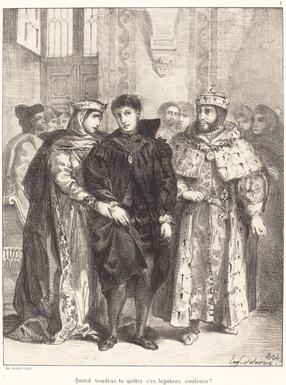De koningin probeert Hamlet te troosten Act I, Scene II door Eugène Delacroix