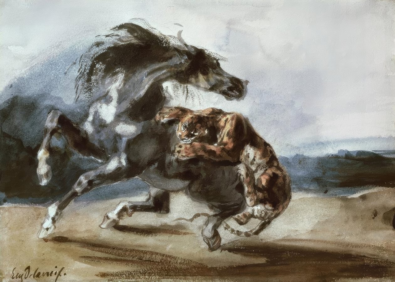 Tijger die een wild paard aanvalt door Ferdinand Victor Eugene Delacroix