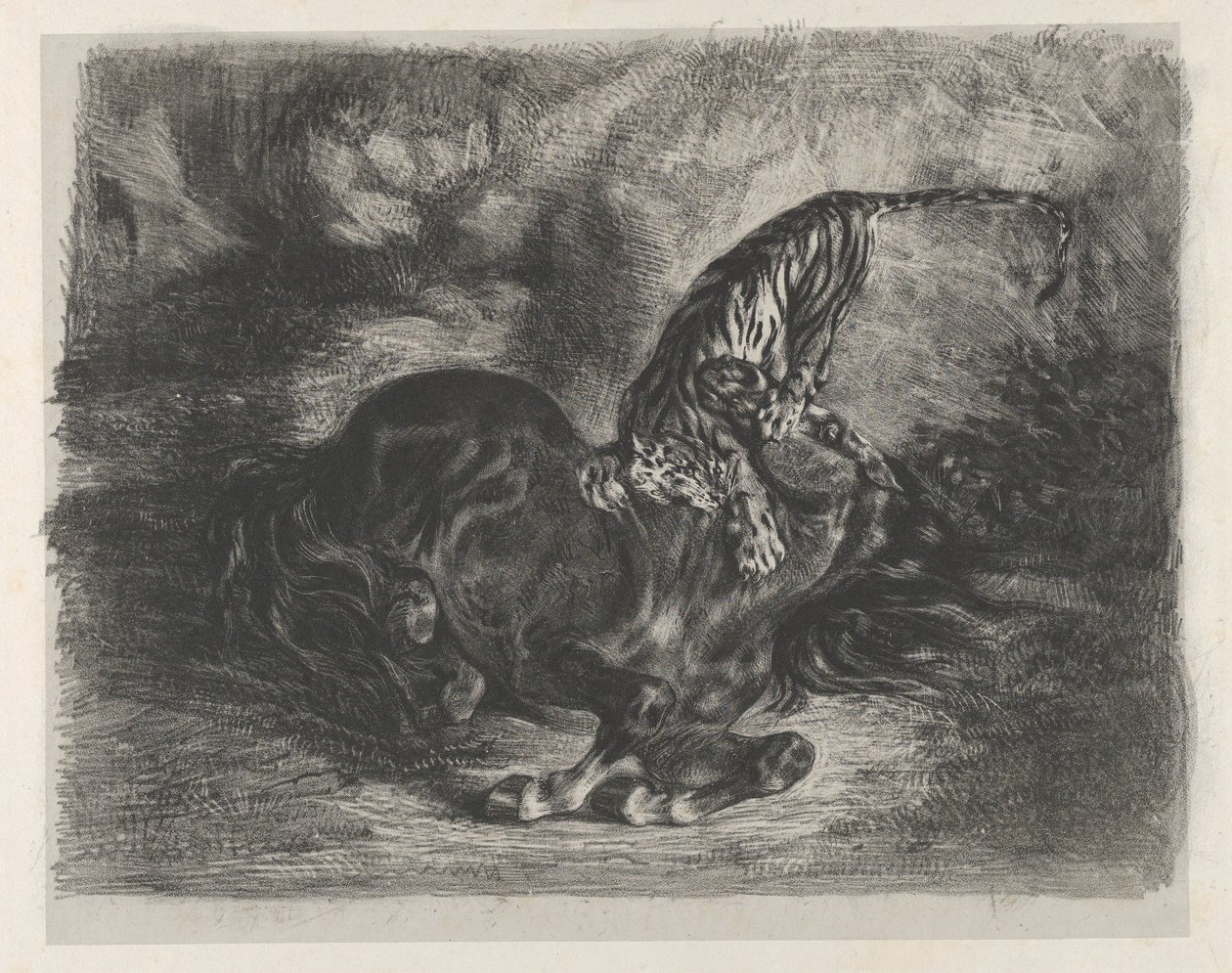 Wilde paard neergehaald door een tijger, 1828 door Eugène Delacroix