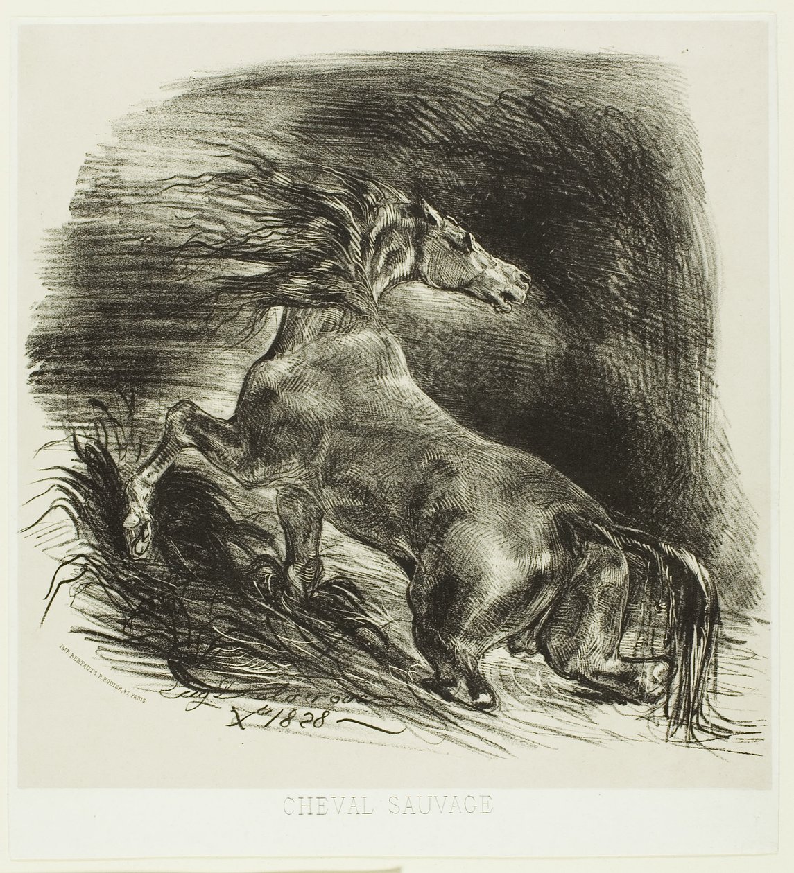 Wilde Paard of Geschrokken Paard Verlaat het Water door Eugène Delacroix