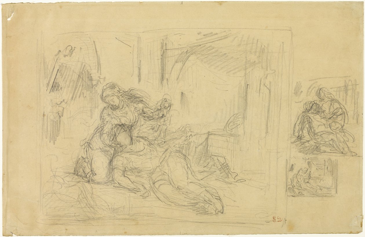 Stervende vrouw (?), Man in slaapkamer, Twee schetsen van hetzelfde door Eugène Delacroix