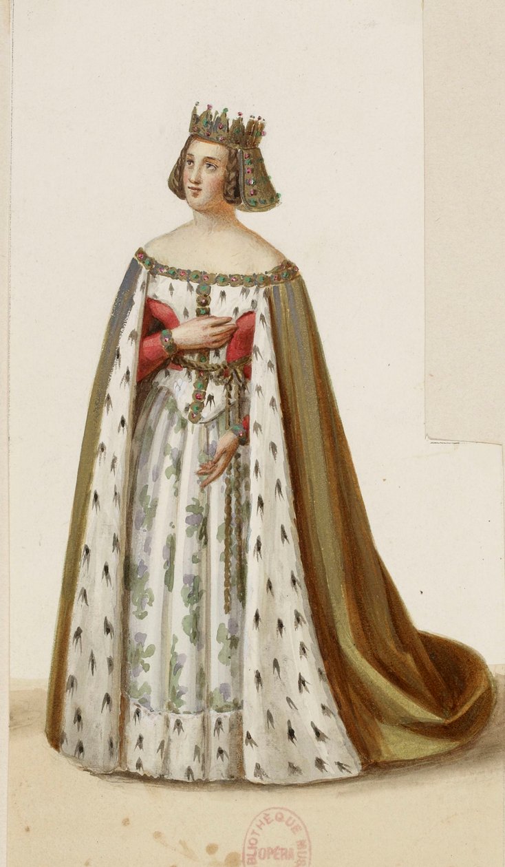 Kostuum van Mlle George als Marguerite de Bourgogne (La Tour de Nesle, 1832) 2 (bijgesneden) door Eugène Du Faget
