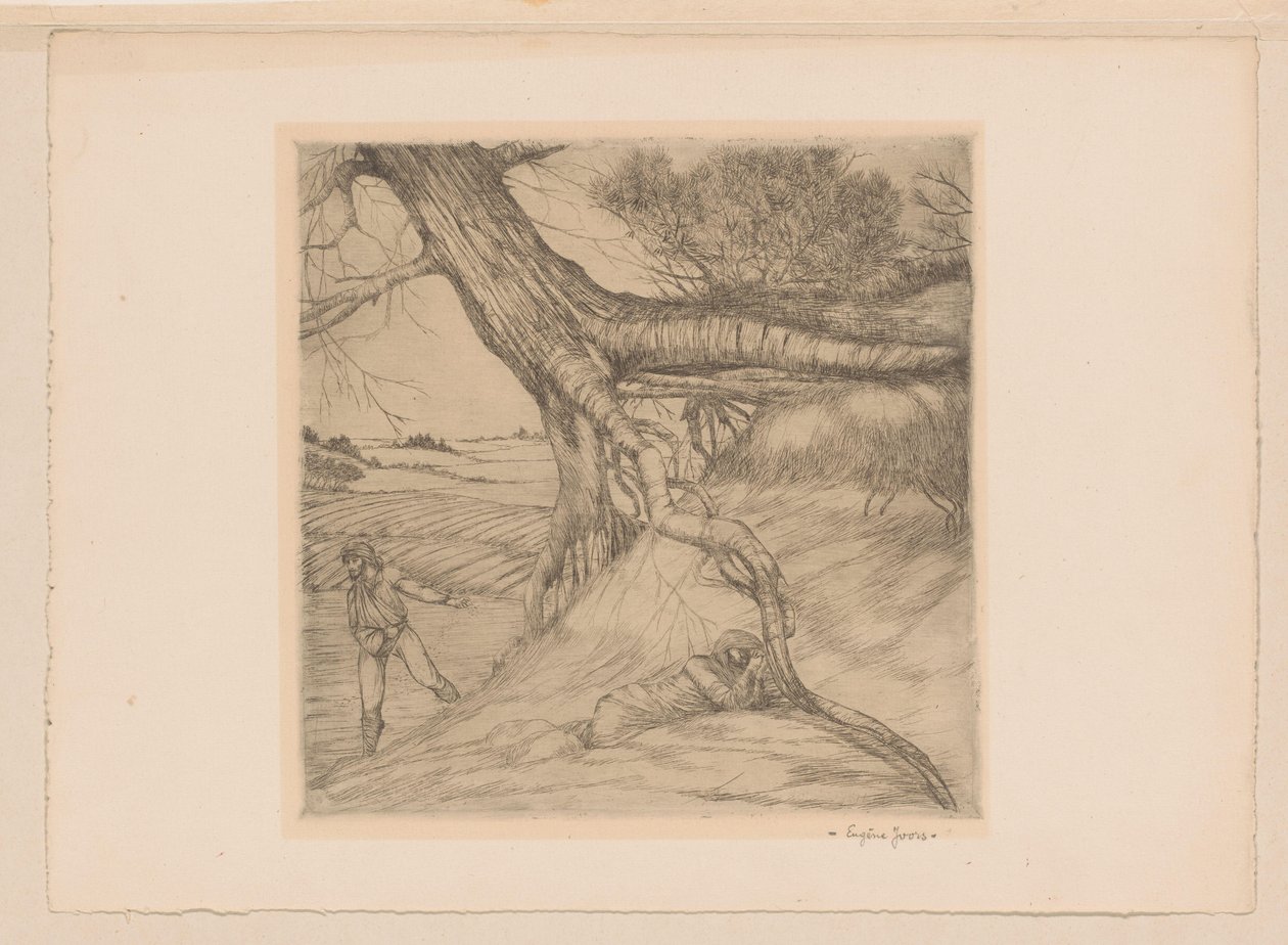 Zaaier en liggend figuur met gevouwen handen in een landschap door Eugène Joors (signed by artist)