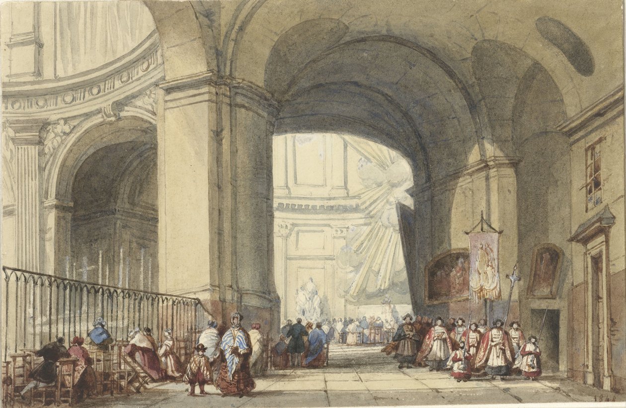 Interieur van de S. Roche te Parijs, met een processie op de voorgrond door Eugène Louis Lami (possibly)