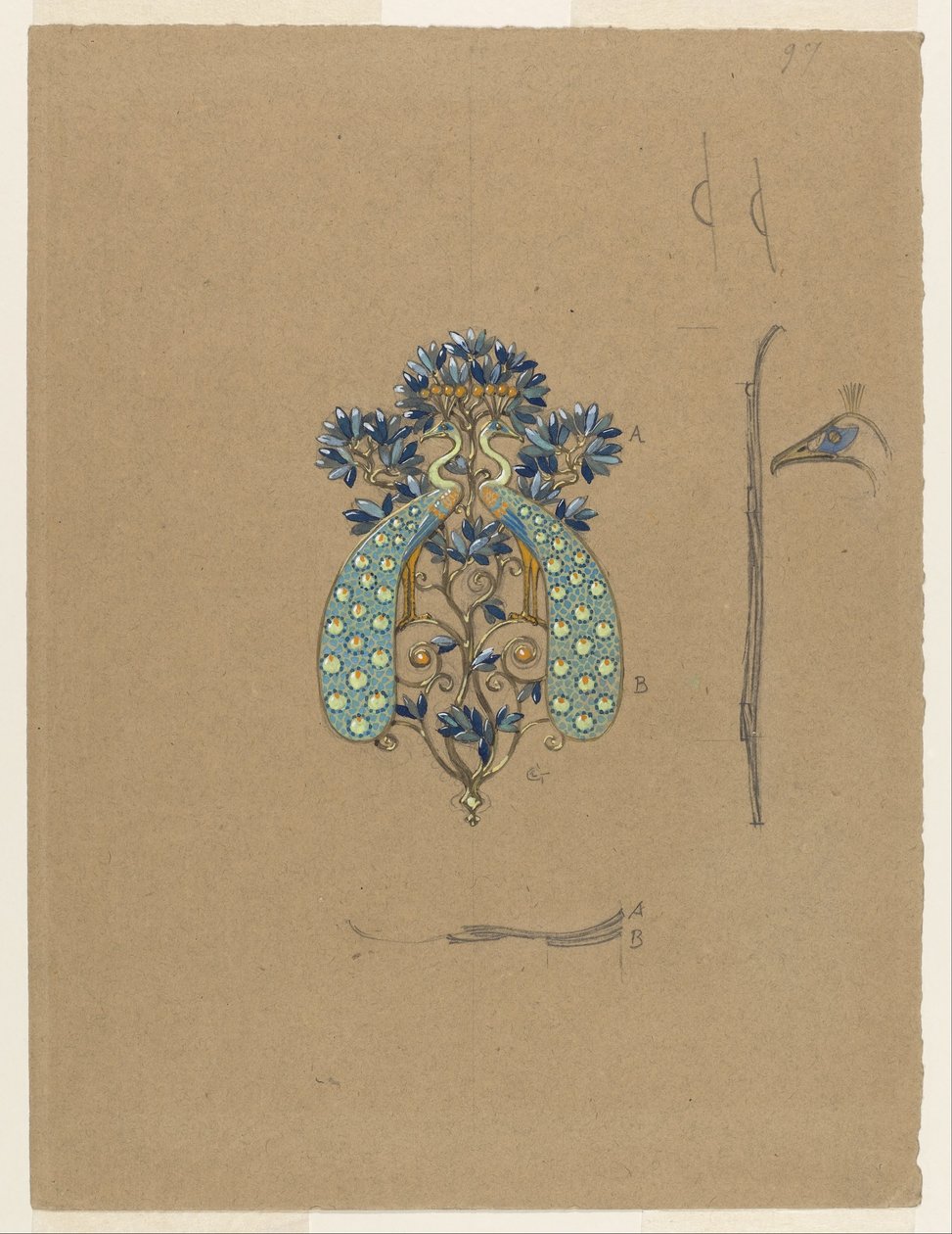 Ontwerp voor een Riemgesp met Pauwmotief door Eugene Grasset