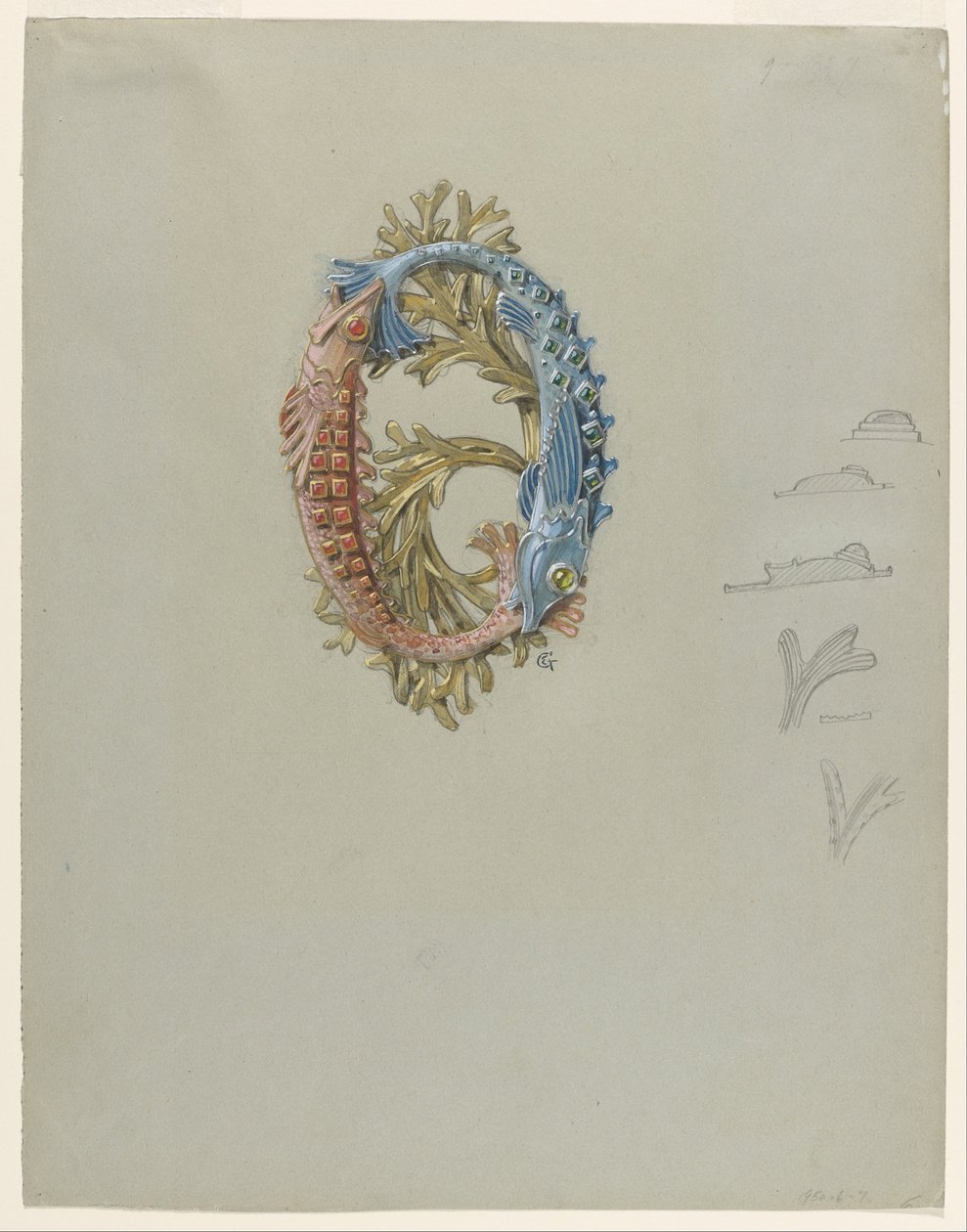 Ontwerp voor een riemgesp met twee vissen en zeewier door Eugene Grasset
