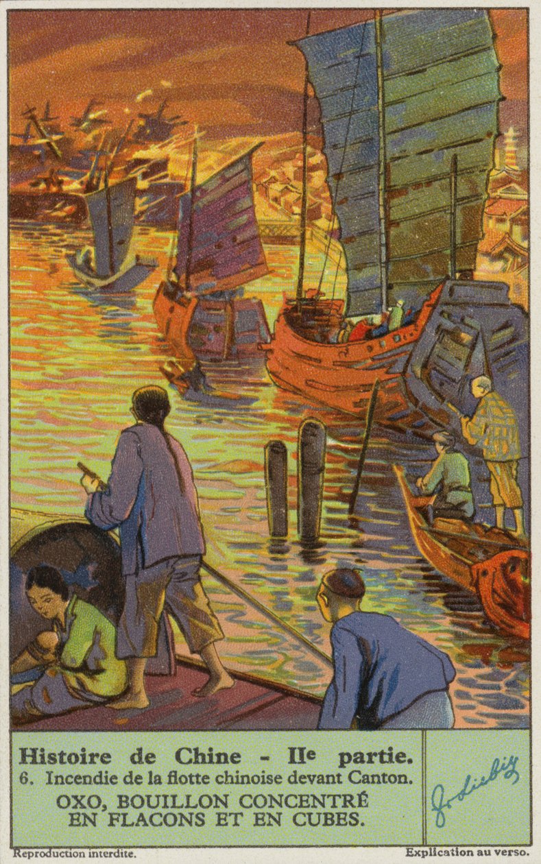 Verbranding van de Chinese vloot bij Canton (chromolitho) door European School