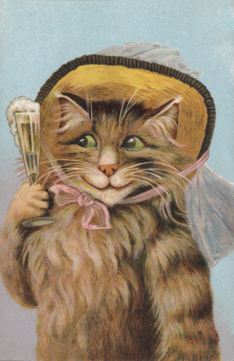 Kat met hoed en glas champagne (chromolitho) door European School