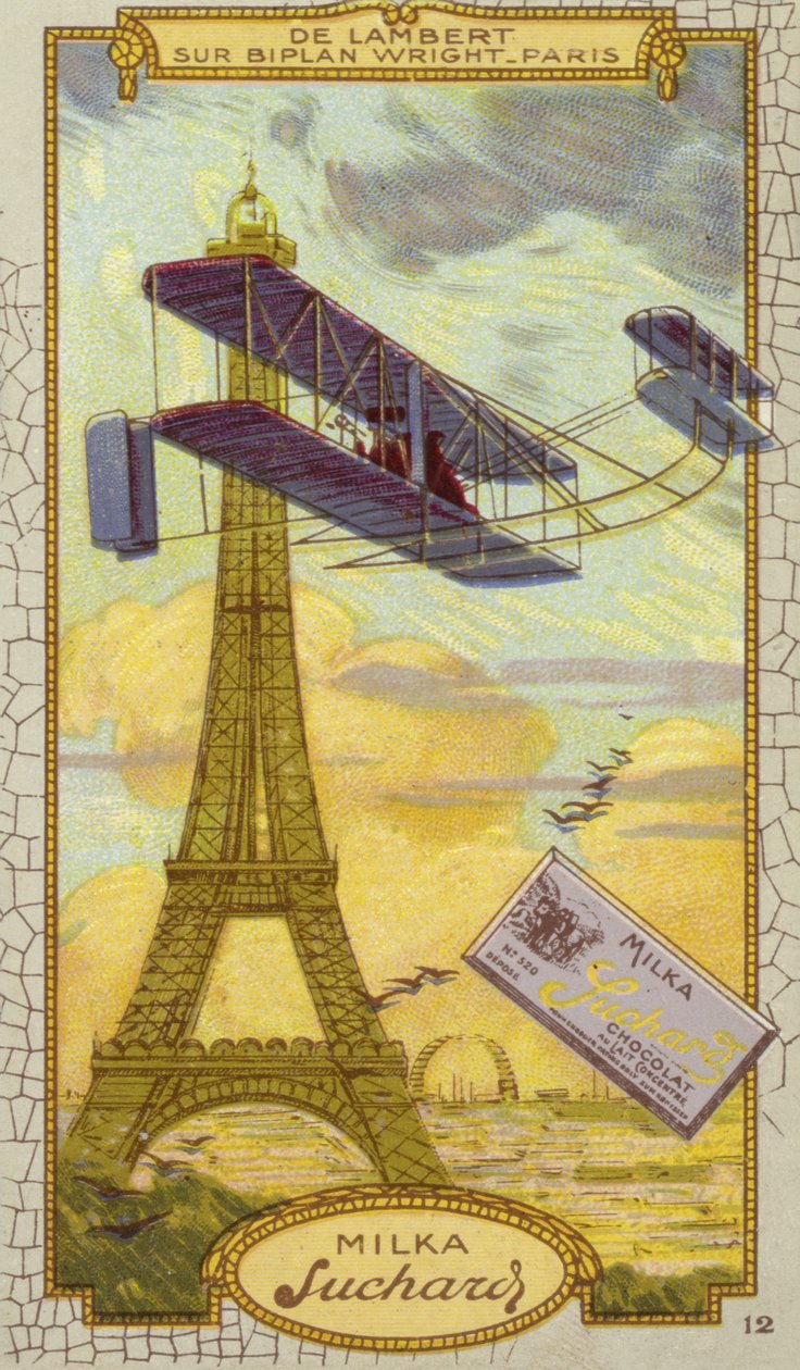 Charles de Lambert in een Wright tweedekker, Parijs (chromolitho) door European School
