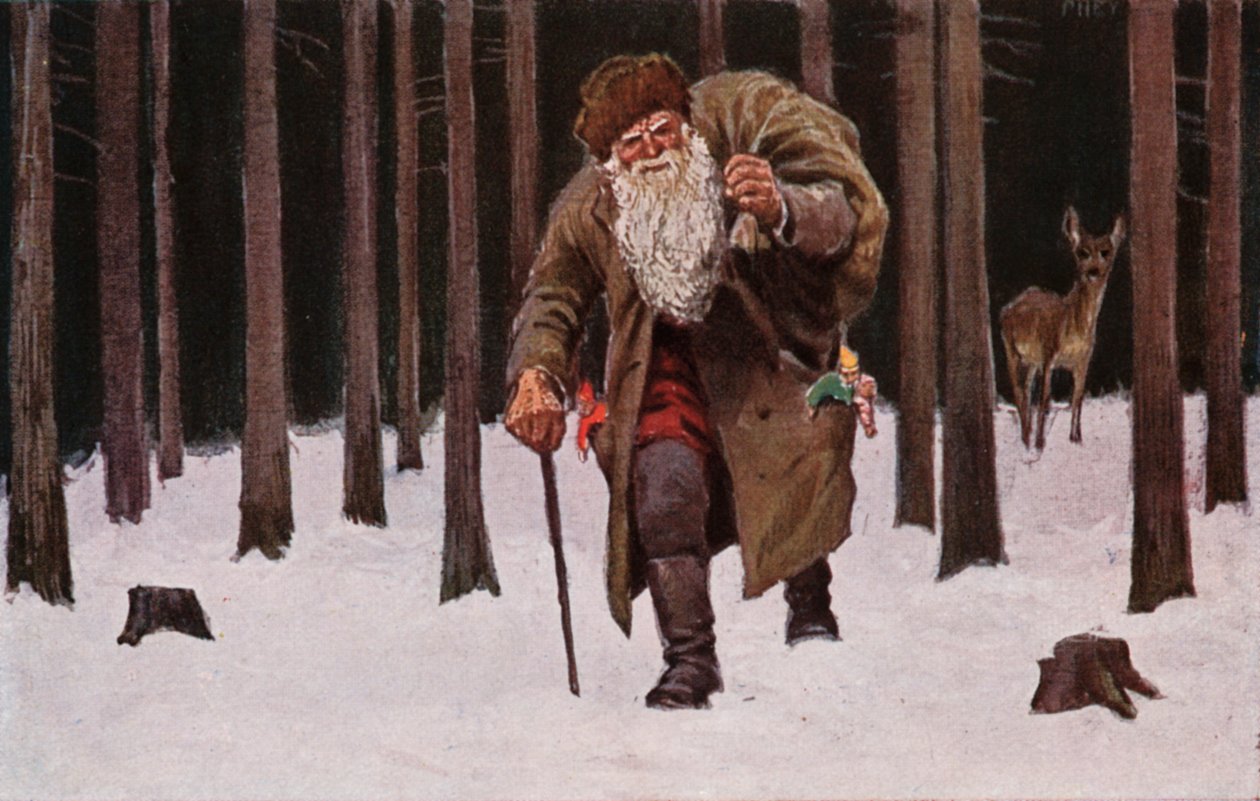 Kerstkaart, kerstman sjokkend door de sneeuw met zak cadeautjes, hert op achtergrond (kleurenlitho) door European School