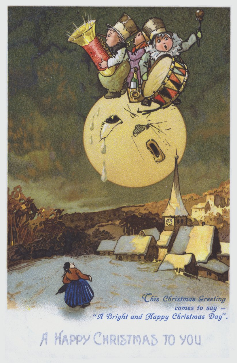 Kerstwenskaart met een groep muzikanten op de maan boven een besneeuwde stad. (chromolitho) door European School