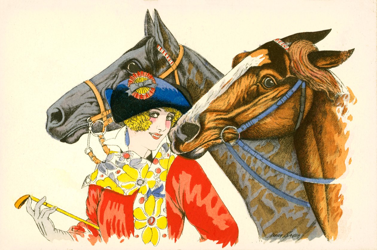 Kokette, kleurrijk geklede vrouw met een baret met een rozet erop, met twee paarden (kleurenlitho) door European School