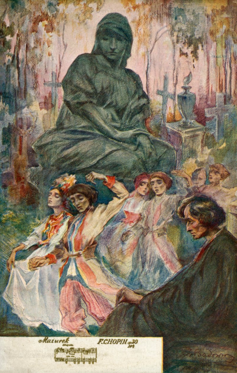 Dansen op een Mazurka gecomponeerd door Frederic Chopin (kleurenlitho) door European School