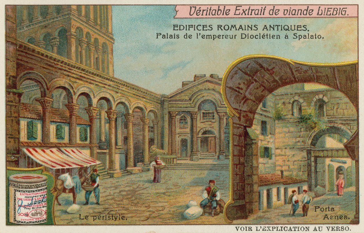 Paleis van Diocletianus in Split in Kroatië met detail van zuilengalerij en zuidelijke zeepoort (chromolitho) door European School