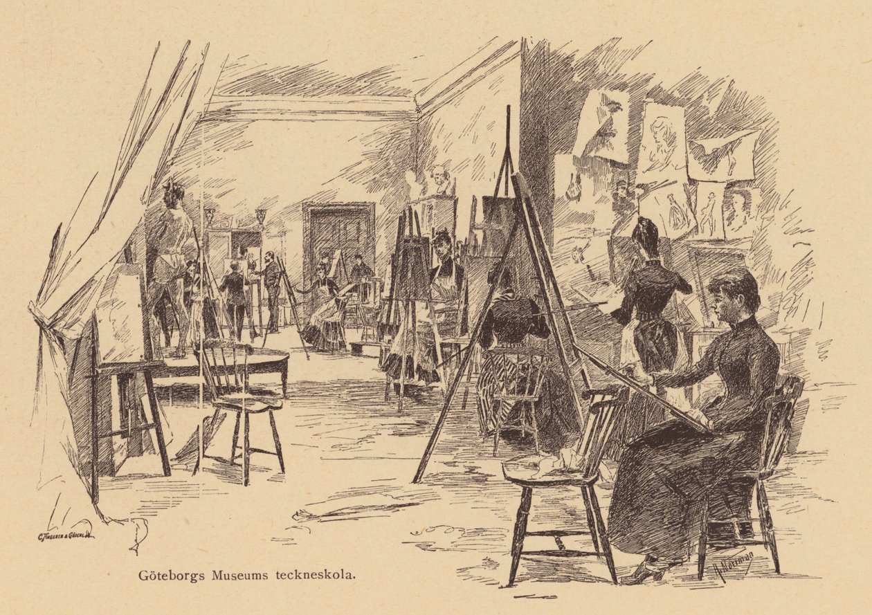 Tekenles in het Göteborg Museum, Zweden (gravure) door European School