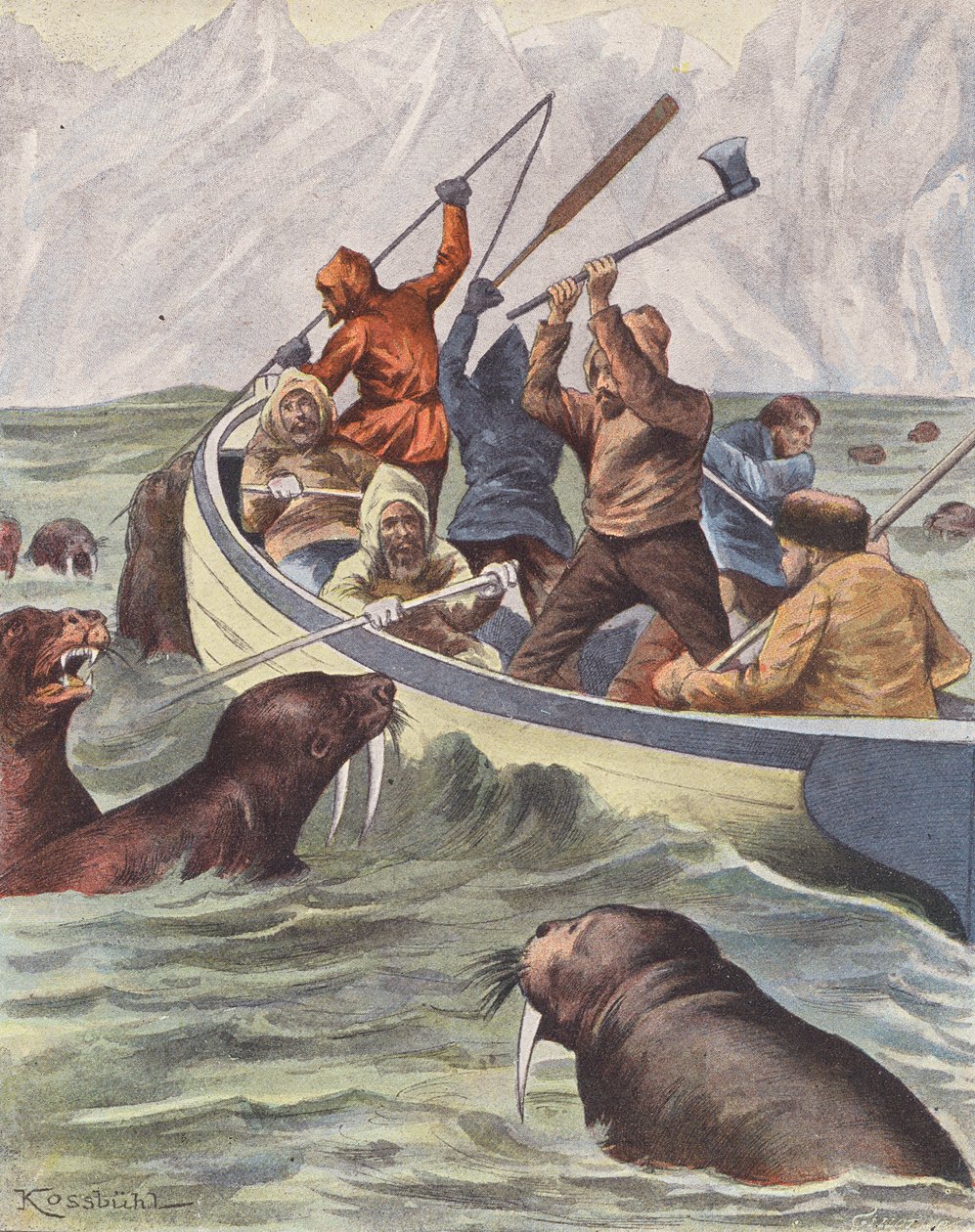 Boot van ontdekkingsreizigers aangevallen door walrussen (kleurenlitho) door European School