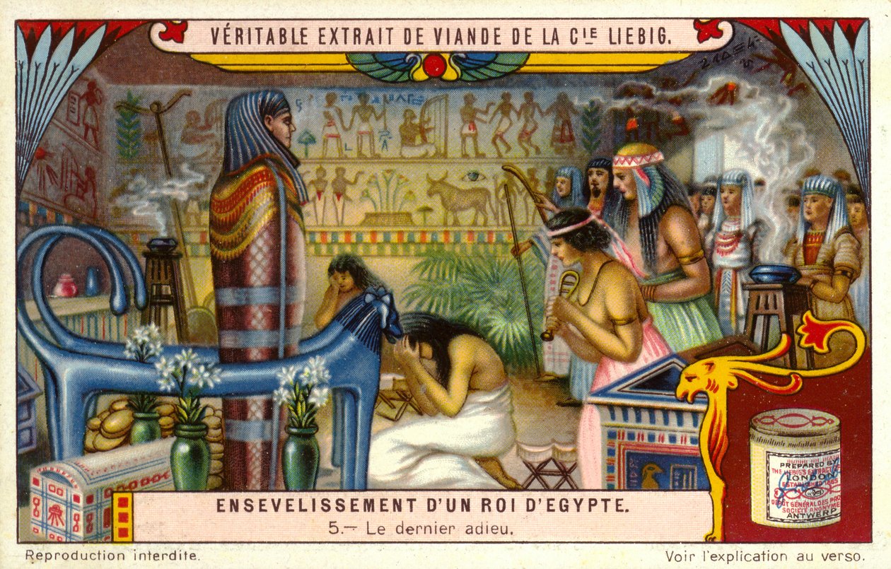 Afscheid van een dode Egyptische farao in zijn tombe (chromolitho) door European School