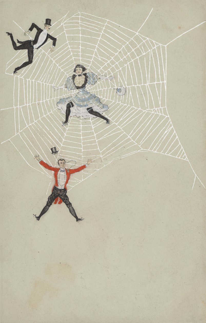 Meisje vangt mannen in een spinnenweb (kleurenlitho) door European School