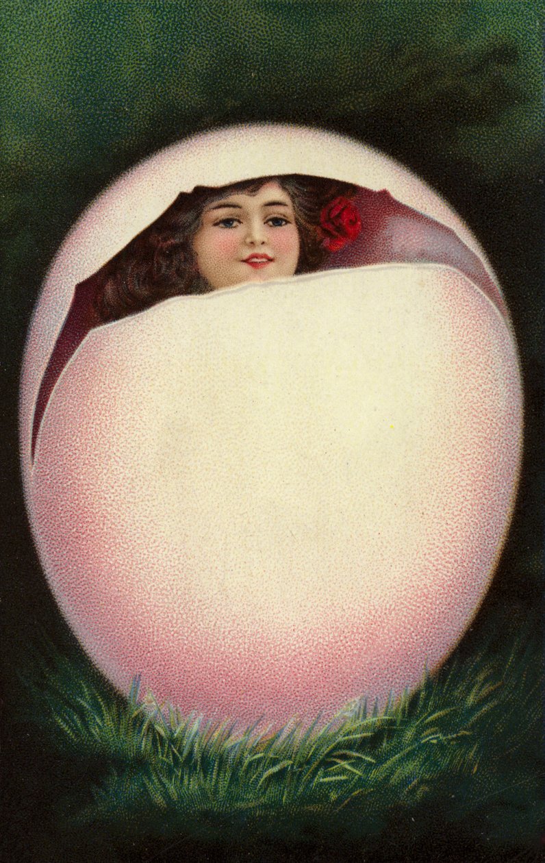 Meisje komt uit paasei (chromolitho) door European School