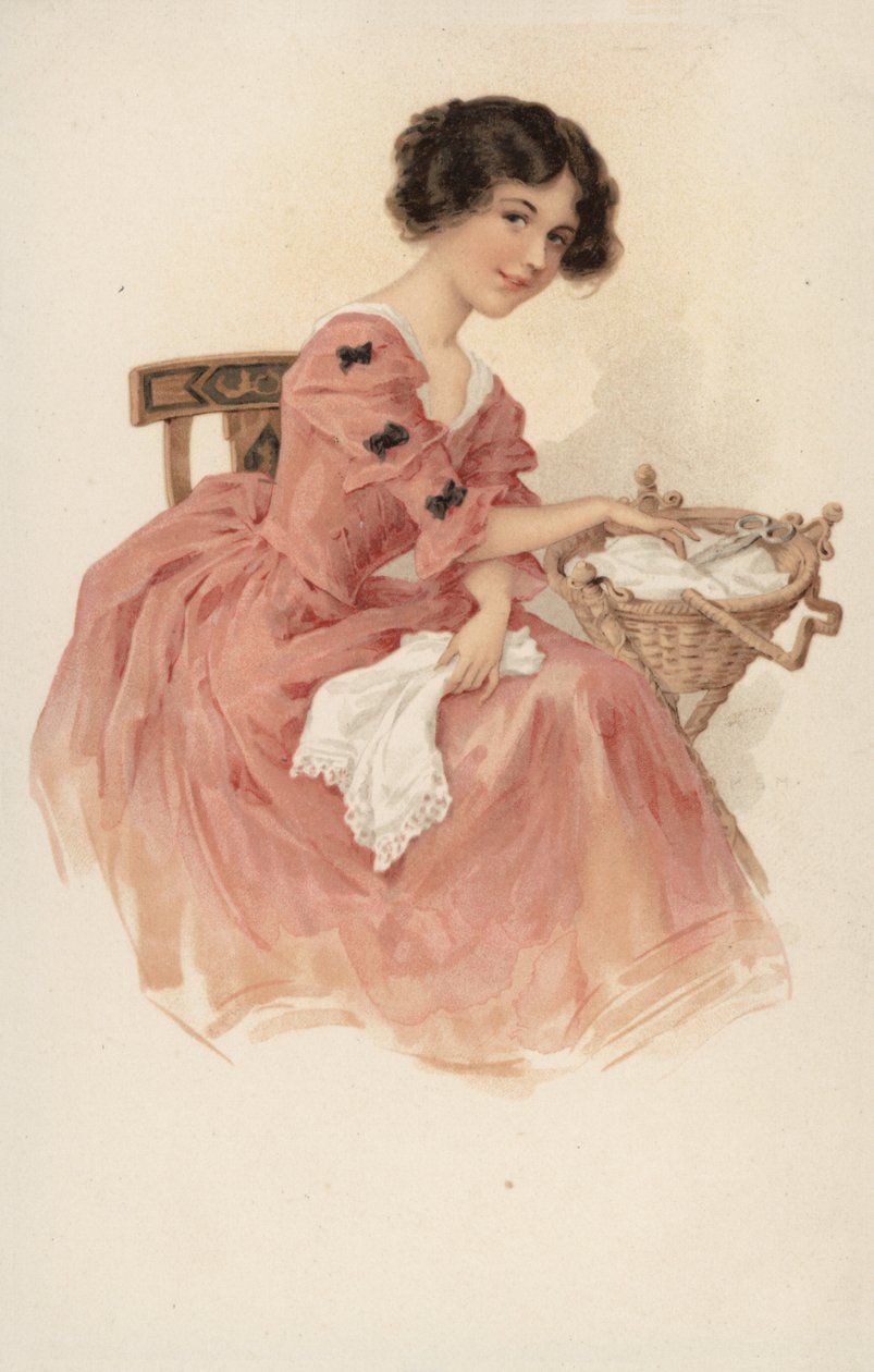 Meisje in roze met naaimand (kleurenlitho) door European School
