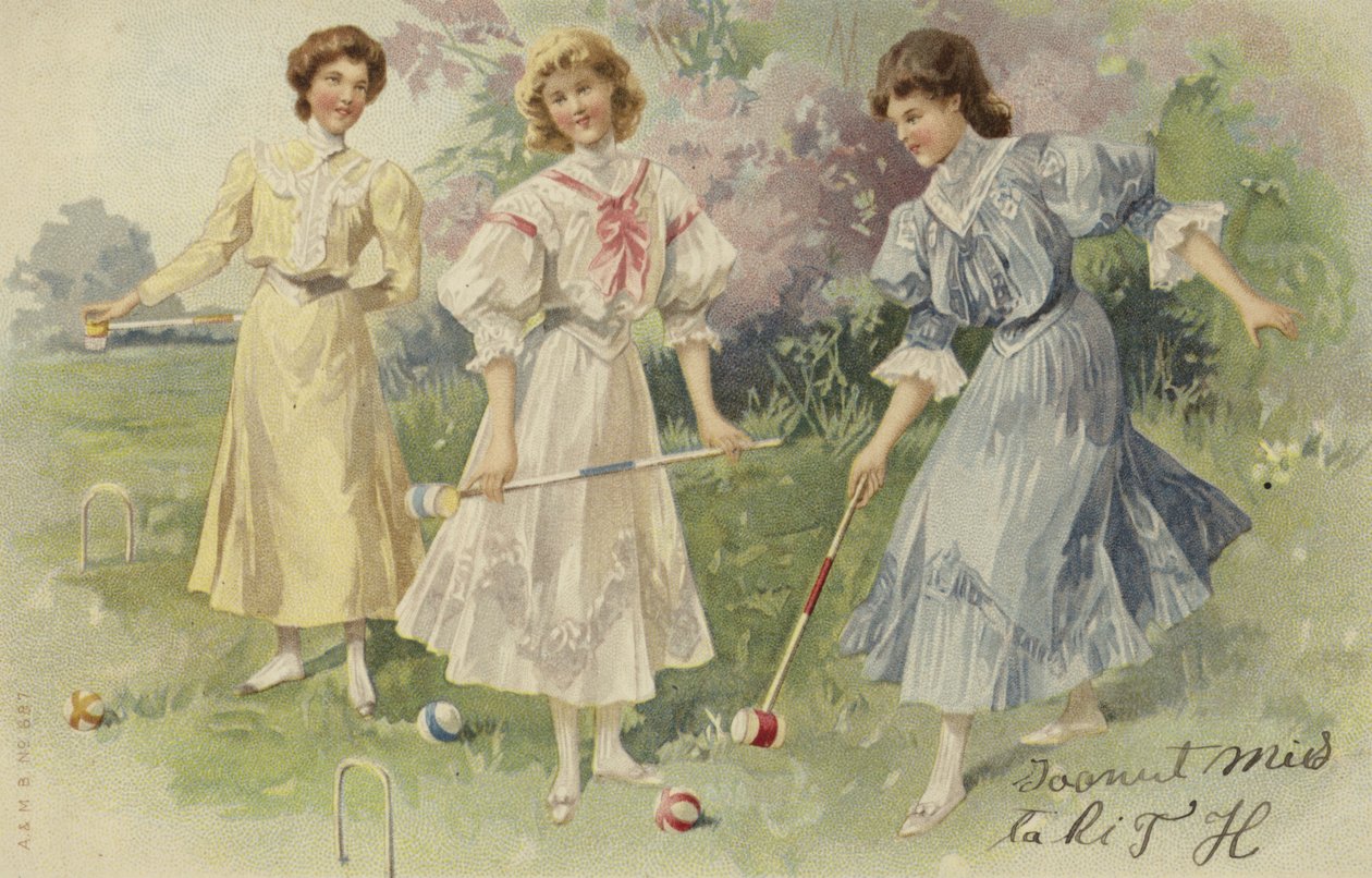 Meisjes die croquet spelen (chromolitho) door European School