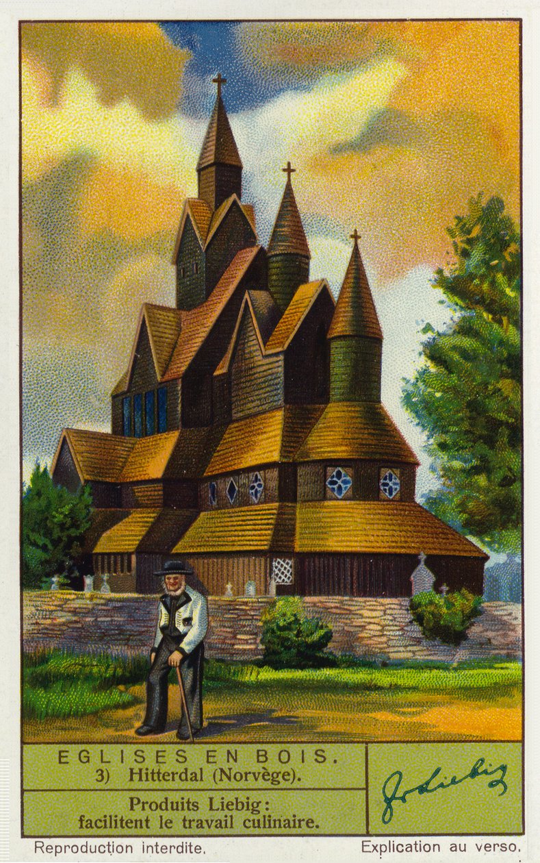 Staafkerk Heddal, Noorwegen (chromolitho) door European School