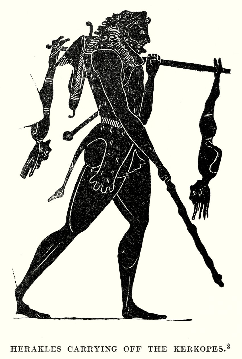 Herakles die de Kerkopen wegvoert (gravure) door European School