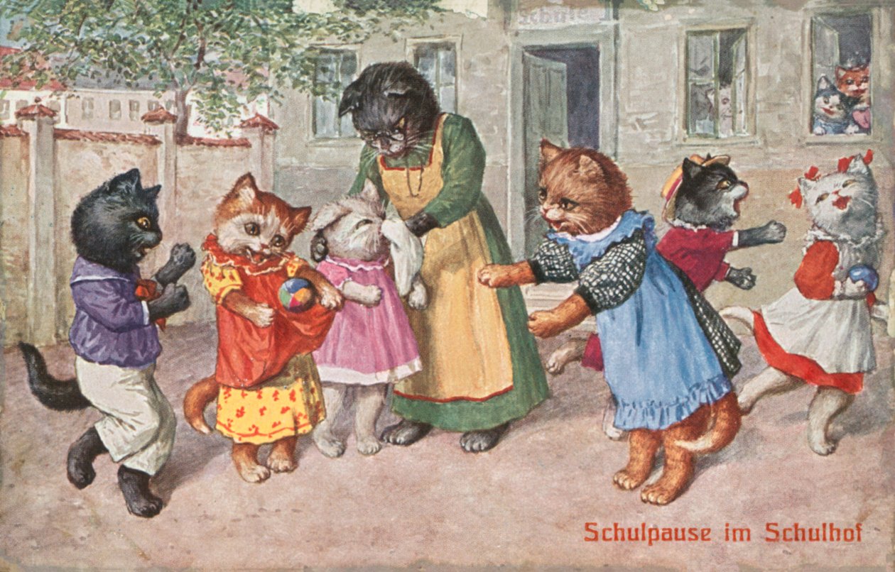 Humoristische kattenpostkaart (kleurenlitho) door European School