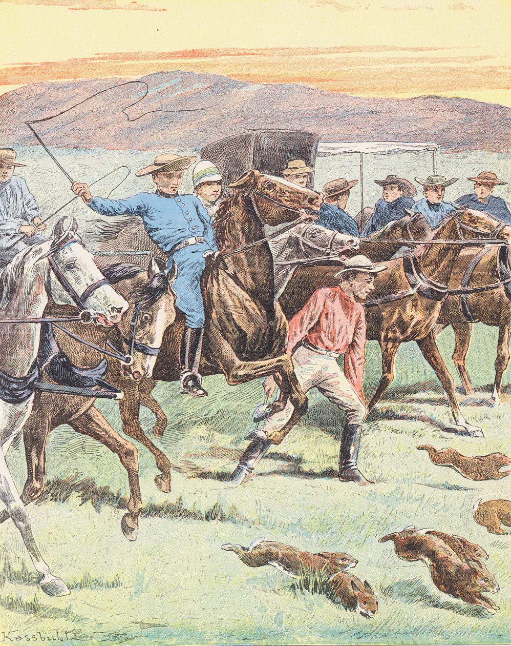 Jacht op konijnen in Australië (kleurenlitho) door European School