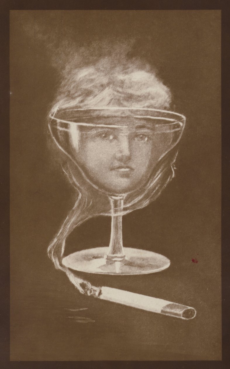 Beeld van een vrouwengezicht, gemaakt door een wijnglas en sigarettenrook, c1917 (litho) door European School