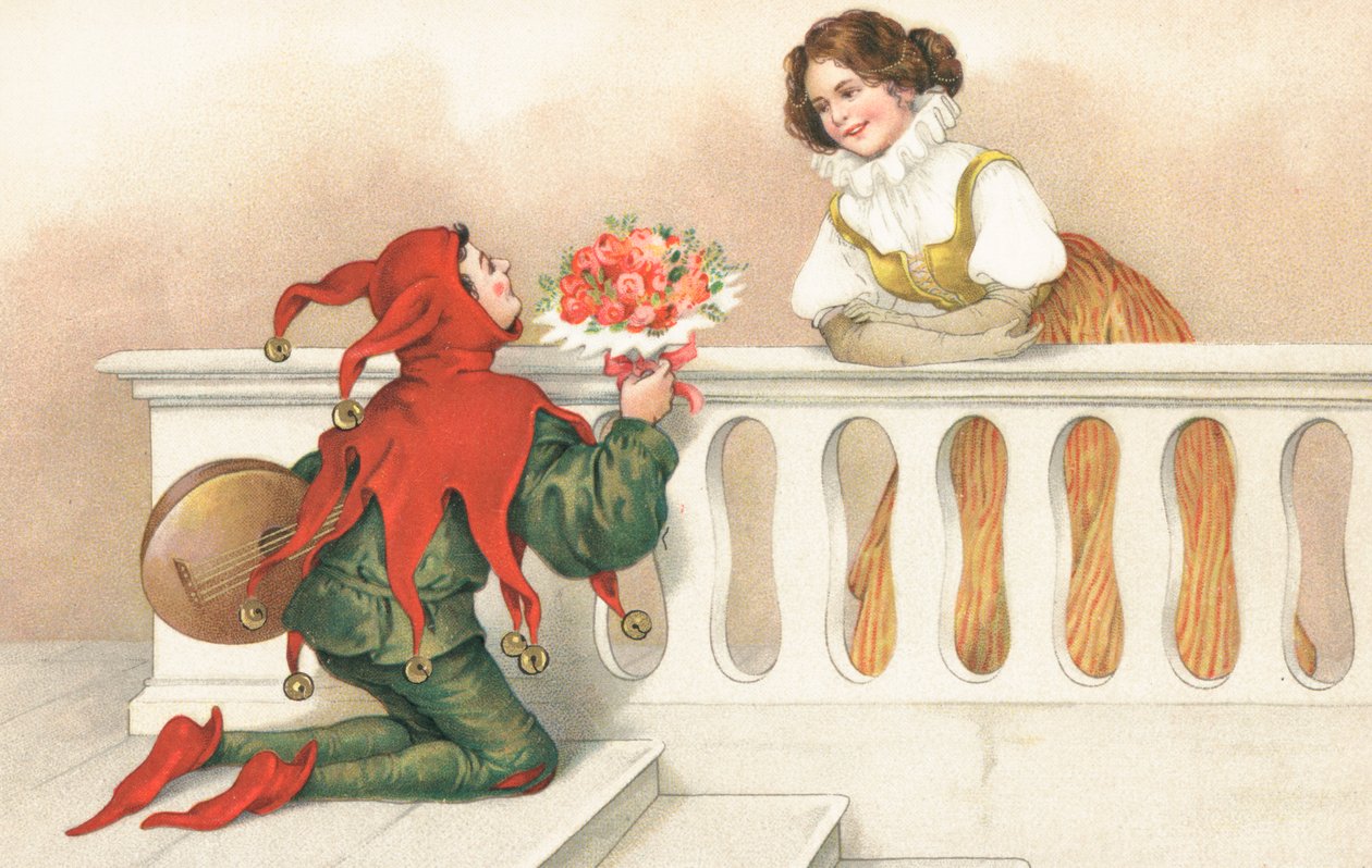 Nar overhandigt rozen aan een mooi meisje op een balkon (chromolitho) door European School