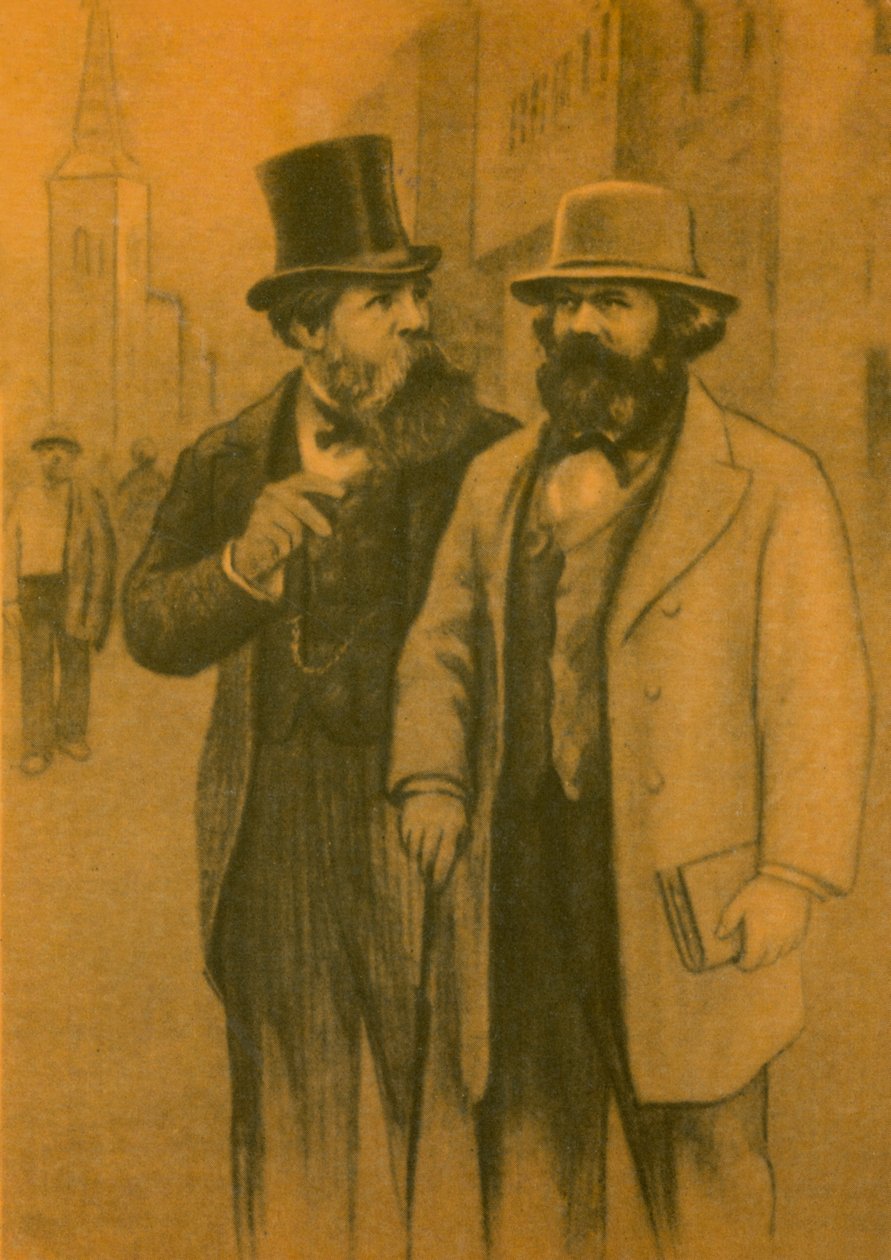 Karl Marx en Friedrich Engels, Duitse communistische filosofen en economen (kleurenlitho) door European School