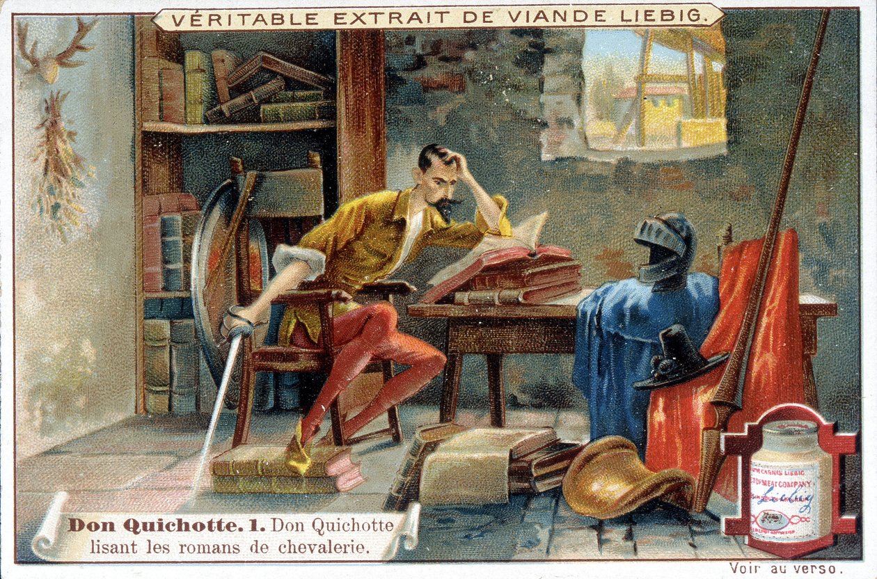 Liebig chromolithografie: Serie "Don Quichot", nr. 1: Don Quichot leest de ridderromans. door European School