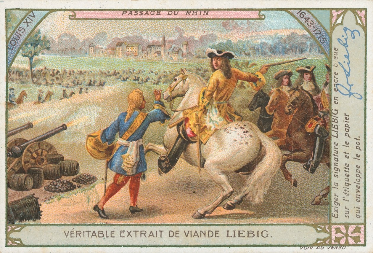 Louis XIV steekt de Rijn over, Liebig-kaart, begin 20e eeuw (chromo) door European School