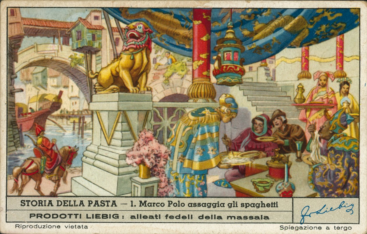 Marco Polo proeft spaghetti in China (chromolitho) door European School