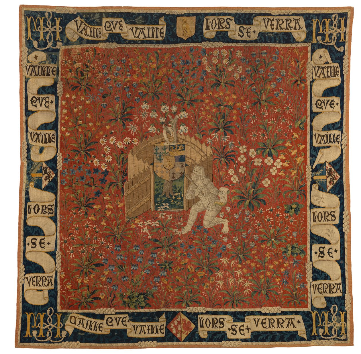 Mille fleurs tapijt met verdures, wapenschild en een wilde man, ca. 1500 door European School