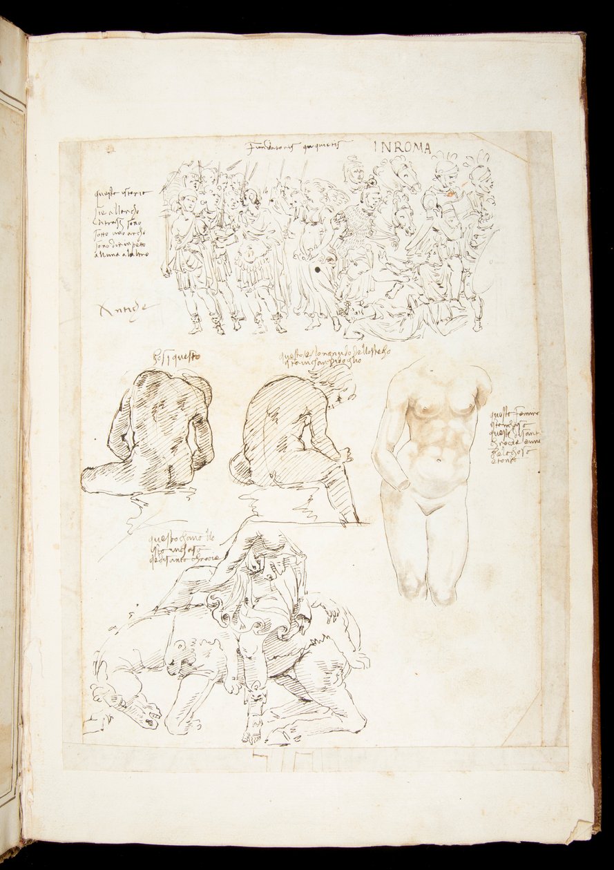 Ms 701 fl.34v, Tekening inclusief een zicht op de Spinario van achteren, laat 15e eeuw (pen en inkt op papier) door European School