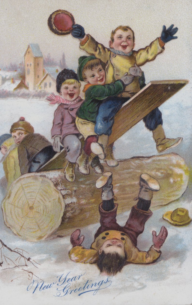 Nieuwjaarskaart met kinderen in de sneeuw (chromolitho) door European School