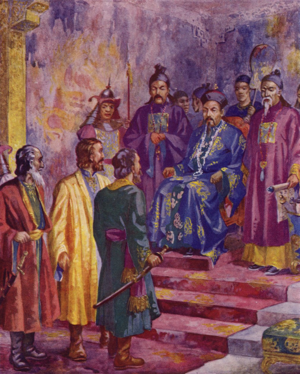 Niccolo, Maffaeo en Marco Polo ontmoeten Kublai Khan, 20e eeuw (kleurenlitho) door European School