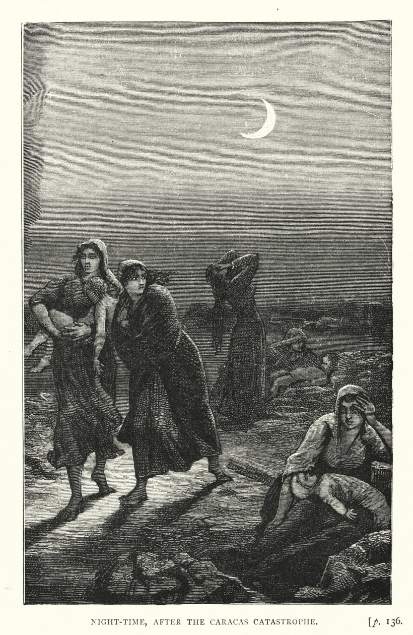 Nacht, na de ramp in Caracas (gravure) door European School