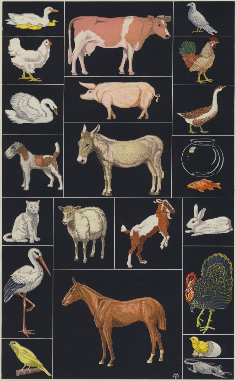 Pagina uit kinderprentenboek, Dieren (kleurenlitho) door European School
