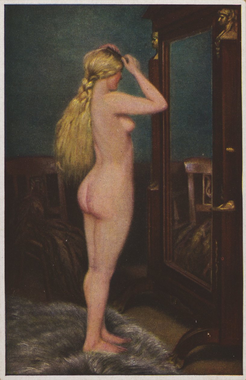 Portret van een naakte vrouw met lang blond haar (kleurenlitho) door European School