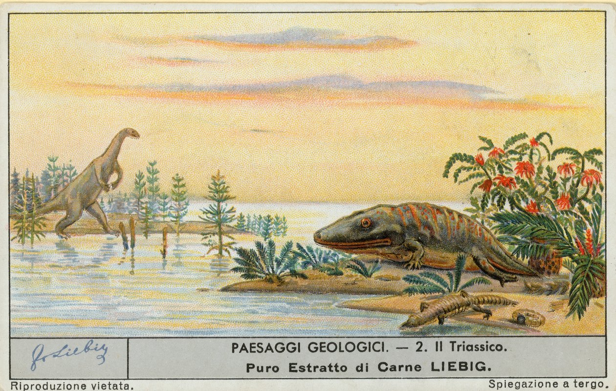 Prehistorische wereld, Liebig-kaart, begin 20e eeuw (chromo) door European School