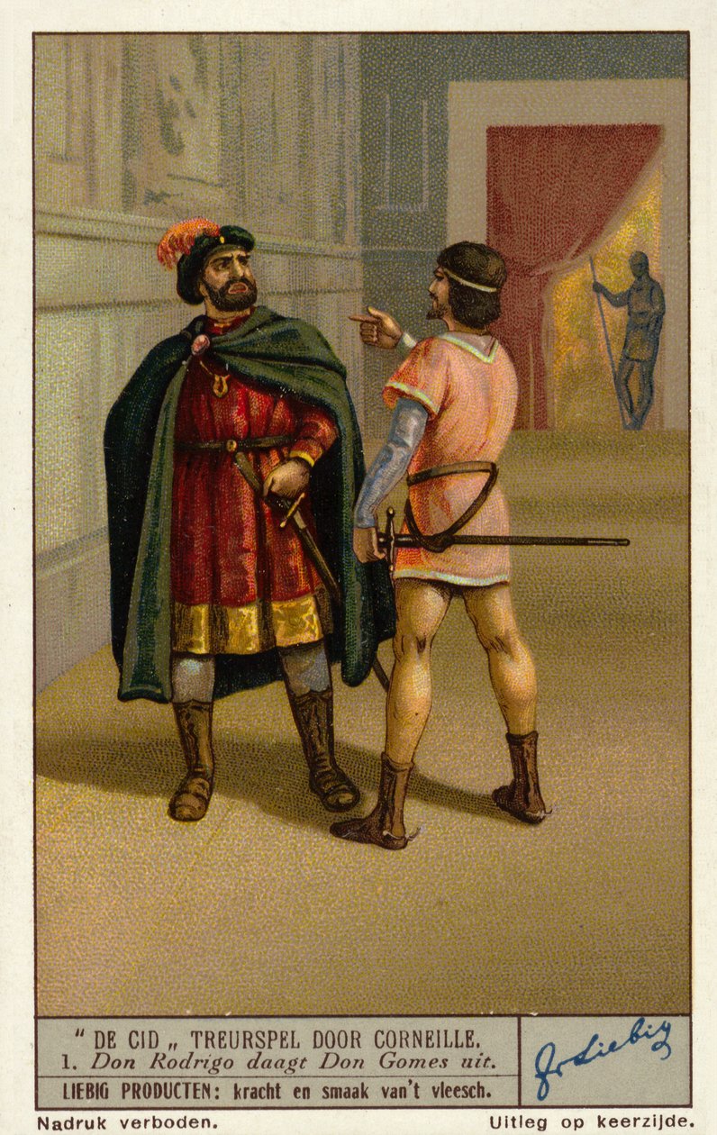 Scène uit de tragedie Le Cid van de Franse toneelschrijver Paul Corneille: Don Rodrigue daagt Don Gomes, vader van Chimene, uit (chromolitho) door European School