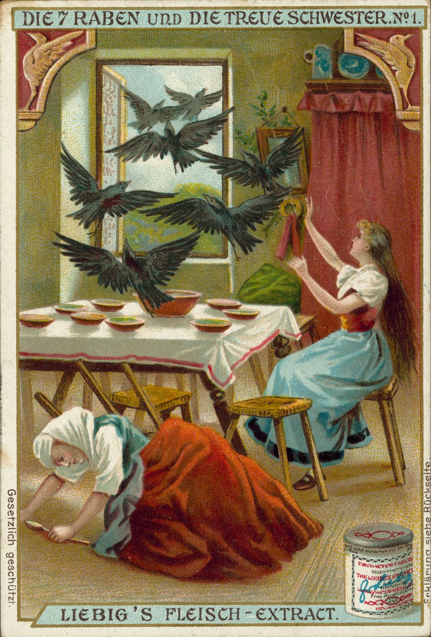 Scène uit De zeven raven, sprookje van de gebroeders Grimm (chromolitho) door European School