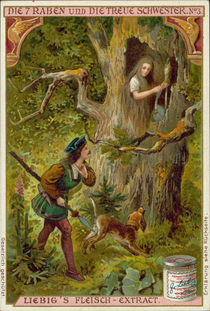 Scène uit De zeven raven, sprookje van de gebroeders Grimm (chromolitho) door European School