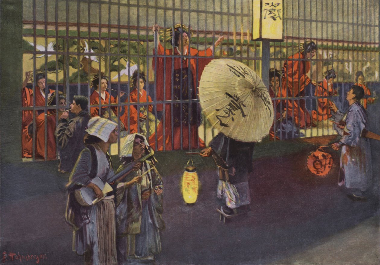 Scène in de wijk Yoshiwara in Tokio, Japan (kleurenlitho) door European School